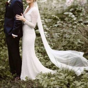 NWT Rachel Gilbert Paola White Sequin Bridal Wedding Gown V-Neck Wrap Dress